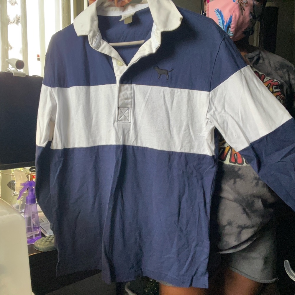 PINK Victoria's Secret Navy and White Striped Rugby Long Sleeve